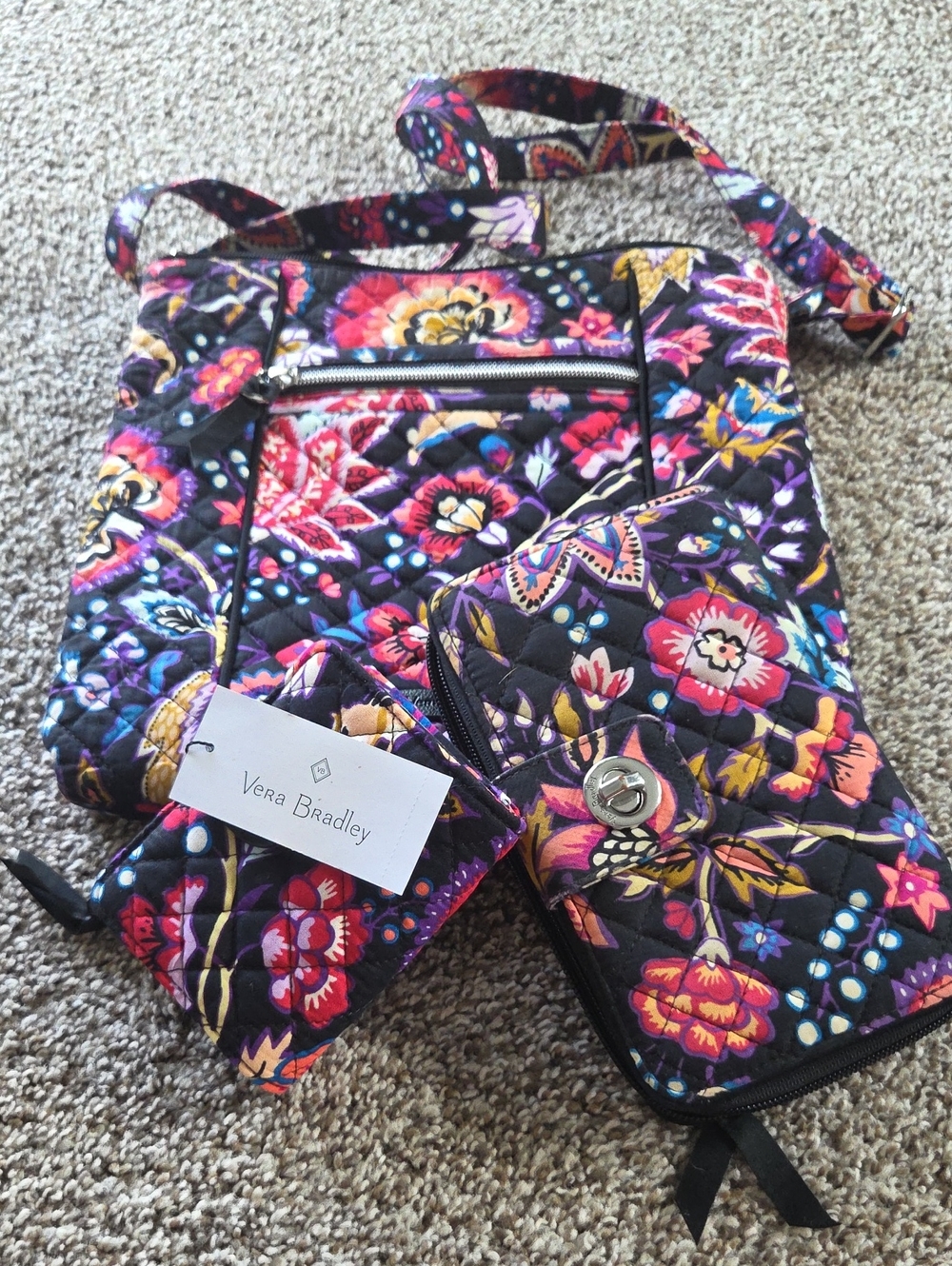 Vera Bradley Black Quilted Crossbody with Multicolor Floral Print, 3 pc set.